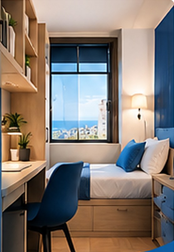 Private NOOK room with a bed, desk and a window overlooking the sea