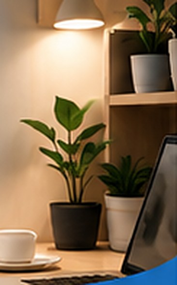 Desk with a laptop, a cup and a plant